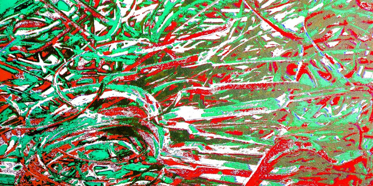 Manufakturen-Blog-PopArt-Projekt: Stanzreste, rot / grün (Foto: Wigmar Bressel) - basierend auf einem Foto eines dreifarbigen Hand-Siebdrucks basierend auf einem Foto von sog. 'Schroten' in der Besteckmanufaktur von Koch & Bergfeld in der Neustadt von Bremen