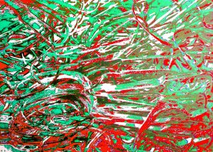 Manufakturen-Blog-PopArt-Projekt: Stanzreste II, rot / grün (Foto: Wigmar Bressel) - basierend auf einem Foto eines dreifarbigen Hand-Siebdrucks basierend auf einem Foto von sog. 'Schroten' in der Besteckmanufaktur von Koch & Bergfeld in der Neustadt von Bremen