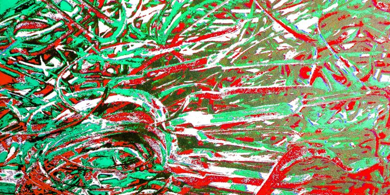 Manufakturen-Blog-PopArt-Projekt: Stanzreste, rot / grün (Foto: Wigmar Bressel) - basierend auf einem Foto eines dreifarbigen Hand-Siebdrucks basierend auf einem Foto von sog. 'Schroten' in der Besteckmanufaktur von Koch & Bergfeld in der Neustadt von Bremen