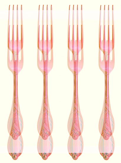 Manufakturen-Blog-PopArt-Projekt: Vier Gabeln, rosé (Foto: Wigmar Bressel) - basierend auf einem Foto von Gabeln des Modells 'Rokoko' der Besteckmanufaktur von Koch & Bergfeld in Bremen