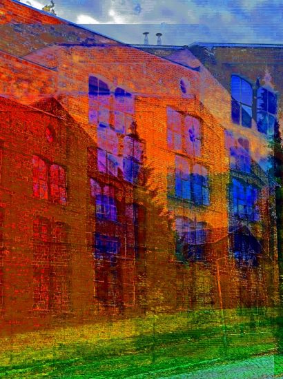 Manufakturen-Blog-PopArt-Projekt: Lauchhammer Kunstguss I, orange - basierend auf einem Foto von Produktionsgebäuden der Brandenburger Gießerei (Foto: Wigmar Bressel)