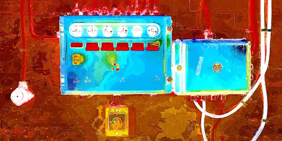 Manufakturen-Blog-PopArt-Projekt: Elekroverteilung IIa, blau / rot - basierend auf einem Foto aus der Leinenweberei Seegers &_Sohn in Steinhude (Foto: Wigmar Bressel) Leinenfabrik