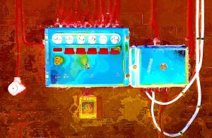 Manufakturen-Blog-PopArt-Projekt: Elekroverteilung IIa, blau / rot - basierend auf einem Foto aus der Leinenweberei Seegers &_Sohn in Steinhude (Foto: Wigmar Bressel) Leinenfabrik