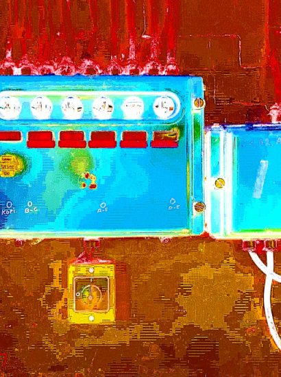 Manufakturen-Blog-PopArt-Projekt: Elekroverteilung IIa, blau / rot - basierend auf einem Foto aus der Leinenweberei Seegers &_Sohn in Steinhude (Foto: Wigmar Bressel) Leinenfabrik