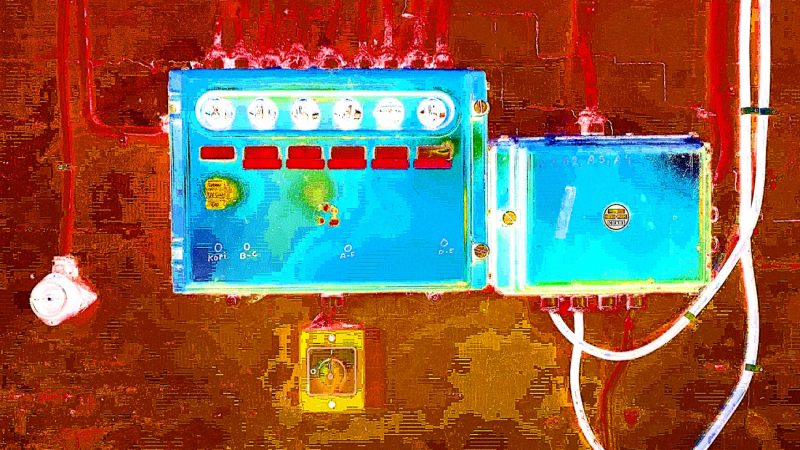 Manufakturen-Blog-PopArt-Projekt: Elekroverteilung IIa, blau / rot - basierend auf einem Foto aus der Leinenweberei Seegers &_Sohn in Steinhude (Foto: Wigmar Bressel) Leinenfabrik