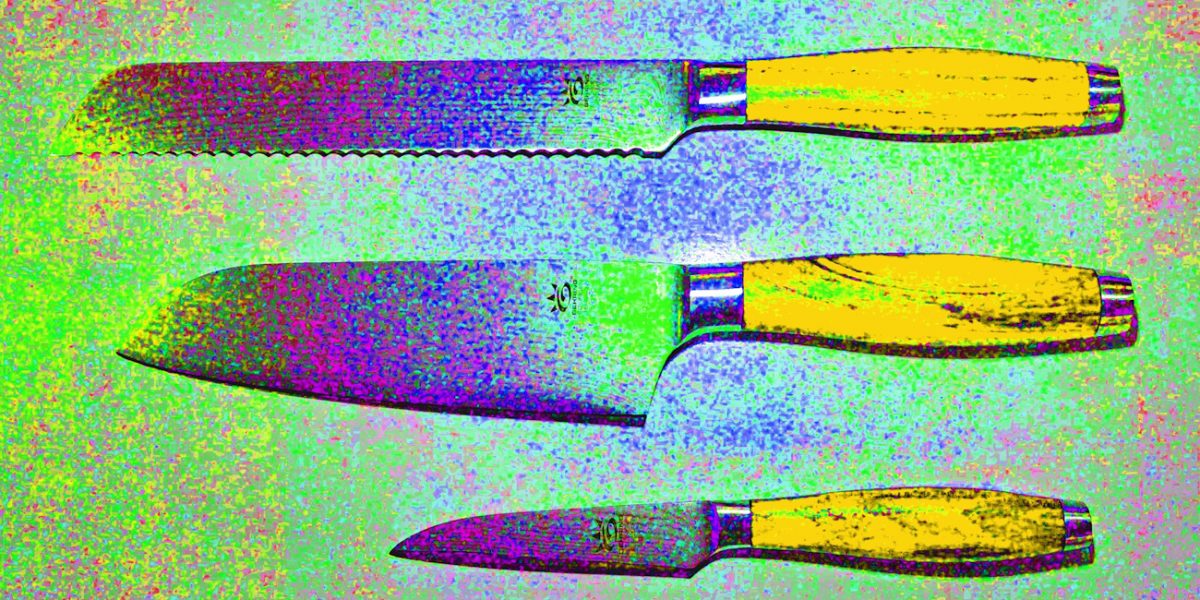 Manufakturen-Blog-PopArt-Projekt: Kochmesser, gelb (Foto: Wigmar Bressel) - basierend auf einem Foto von Messern der Serie 'My2' am Messestand der Messerschmiede Gehring aus Solingen auf der 'Ambiente' in Frankfurt