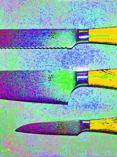 Manufakturen-Blog-PopArt-Projekt: Kochmesser, gelb (Foto: Wigmar Bressel) - basierend auf einem Foto von Messern der Serie 'My2' am Messestand der Messerschmiede Gehring aus Solingen auf der 'Ambiente' in Frankfurt