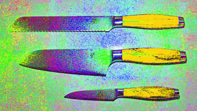 Manufakturen-Blog-PopArt-Projekt: Kochmesser, gelb (Foto: Wigmar Bressel) - basierend auf einem Foto von Messern der Serie 'My2' am Messestand der Messerschmiede Gehring aus Solingen auf der 'Ambiente' in Frankfurt