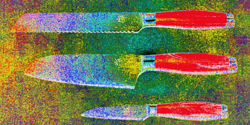 Manufakturen-Blog-PopArt-Projekt: Kochmesser, rot (Foto: Wigmar Bressel) - basierend auf einem Foto von Messern der Serie 'My2' am Messestand der Messerschmiede Gehring aus Solingen auf der 'Ambiente' in Frankfurt