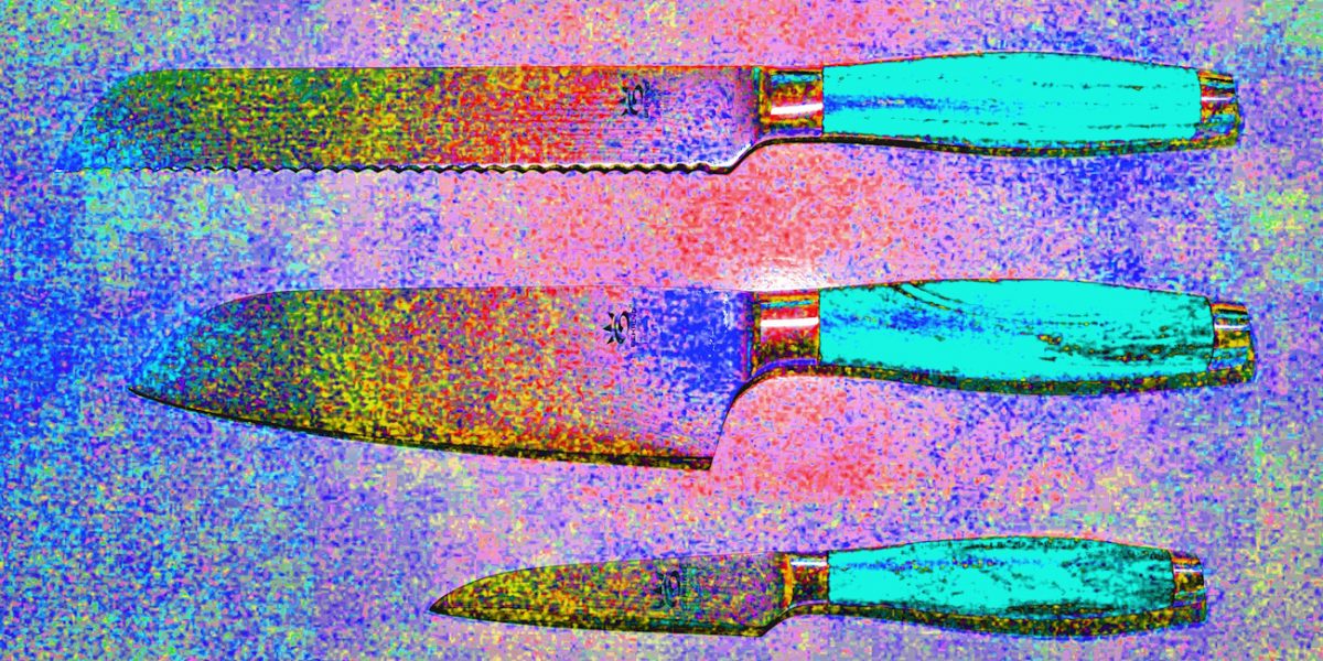 Manufakturen-Blog-PopArt-Projekt: Kochmesser, türkis (Foto: Wigmar Bressel) - basierend auf einem Foto von Messern der Serie 'My2' am Messestand der Messerschmiede Gehring aus Solingen auf der 'Ambiente' in Frankfurt