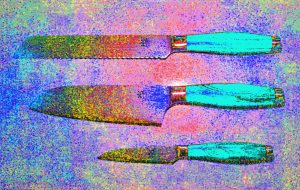 Manufakturen-Blog-PopArt-Projekt: Kochmesser, türkis (Foto: Wigmar Bressel) - basierend auf einem Foto von Messern der Serie 'My2' am Messestand der Messerschmiede Gehring aus Solingen auf der 'Ambiente' in Frankfurt