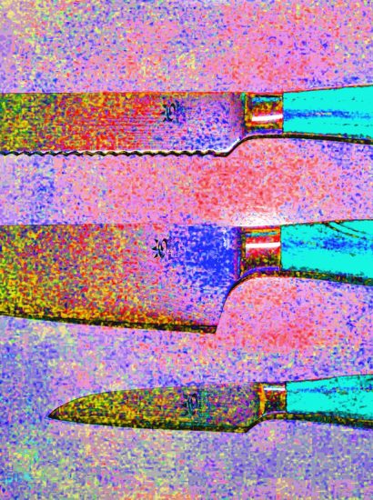 Manufakturen-Blog-PopArt-Projekt: Kochmesser, türkis (Foto: Wigmar Bressel) - basierend auf einem Foto von Messern der Serie 'My2' am Messestand der Messerschmiede Gehring aus Solingen auf der 'Ambiente' in Frankfurt