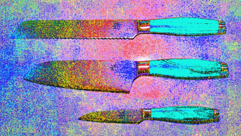 Manufakturen-Blog-PopArt-Projekt: Kochmesser, türkis (Foto: Wigmar Bressel) - basierend auf einem Foto von Messern der Serie 'My2' am Messestand der Messerschmiede Gehring aus Solingen auf der 'Ambiente' in Frankfurt