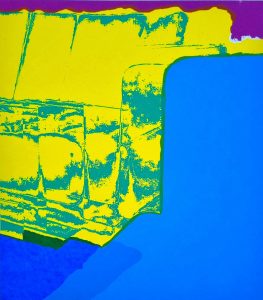 19.05.2025 Manufakturen-Blog-PopArt-Projekt: Sofas II, violett / gelb (Foto: Wigmar Bressel) (28 x 31,5 cm) - Siebdruck von zwei Sofas der Sitzmöbelmanufaktur Gehlenborg im niedersächsischen Lindern