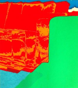 Manufakturen-Blog-PopArt-Projekt: Sofas, zinnoberrot / grün (Foto: Wigmar Bressel) - Siebdruck (28 x 31,5 cm) von zwei Sofas der Sitzmöbelmanufaktur Gehlenborg im niedersächsischen Lindern