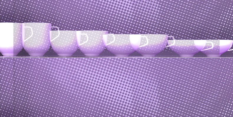 Manufakturen-Blog-PopArt-Projekt: Tassen III, lila (Foto: Wigmar Bressel) - basierend auf einem Foto der Serien 'Fluen' von Alfredo Häberli für die niedersächsische Porzellanmanufakatur Fürstenberg