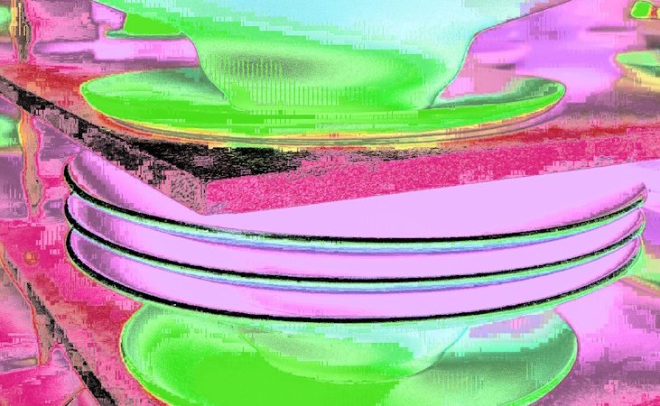 Manufakturen-Blog-PopArt-Projekt: Teller IV, lila (Foto: Wigmar Bressel) - basierend auf einem Foto von Pastatellern in der Produktion der niedersächsischen Porzellanmanufaktur Fürstenberg