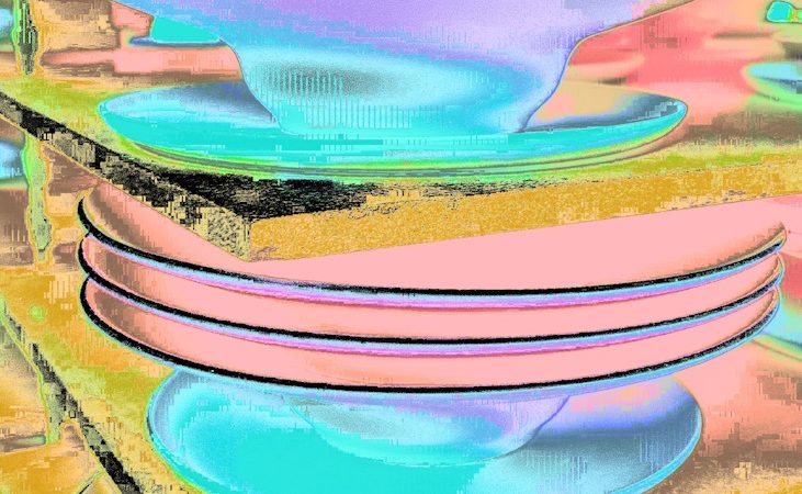 Manufakturen-Blog-PopArt-Projekt: Teller IV, rosa (Foto: Wigmar Bressel) - basierend auf einem Foto von Pastatellern in der Produktion der niedersächsischen Porzellanmanufaktur Fürstenberg