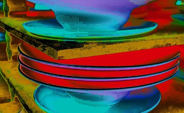 Manufakturen-Blog-PopArt-Projekt: Teller IV, rot (Foto: Wigmar Bressel) - basierend auf einem Foto von Pastatellern in der Produktion der niedersächsischen Porzellanmanufaktur Fürstenberg