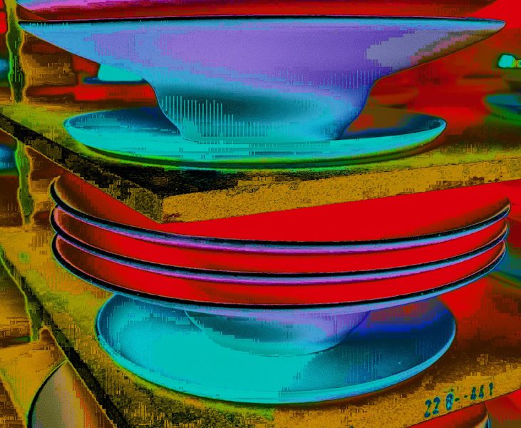 Manufakturen-Blog-PopArt-Projekt: Teller IV, rot (Foto: Wigmar Bressel) - basierend auf einem Foto von Pastatellern in der Produktion der niedersächsischen Porzellanmanufaktur Fürstenberg