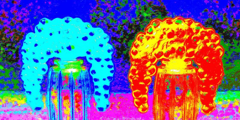 Manufakturen-Blog-PopArt-Projekt: Lalique Parfumflacons, blau - basierend auf einem Foto von historischen Parfumflacons von René Lalique im Werksmuseum der Glasmanufaktur Lalique in Wingen-sur-Moder (Foto: Wigmar Bressel)