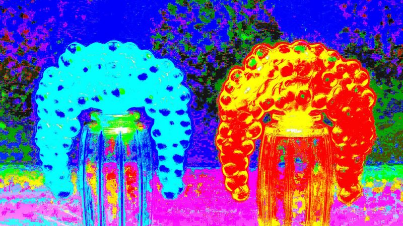 Manufakturen-Blog-PopArt-Projekt: Lalique Parfumflacons, blau - basierend auf einem Foto von historischen Parfumflacons von René Lalique im Werksmuseum der Glasmanufaktur Lalique in Wingen-sur-Moder (Foto: Wigmar Bressel)