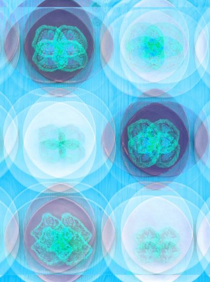 Manufakturen-Blog-PopArt-Projekt: Teller VII (Fahnen), quer hellblau (Foto: Wigmar Bressel) - basierend auf einem Foto von Kathrin Ritzi-Schaufelberger von Tellern des eidgenössischen Ritziporzellan aus Kradolf