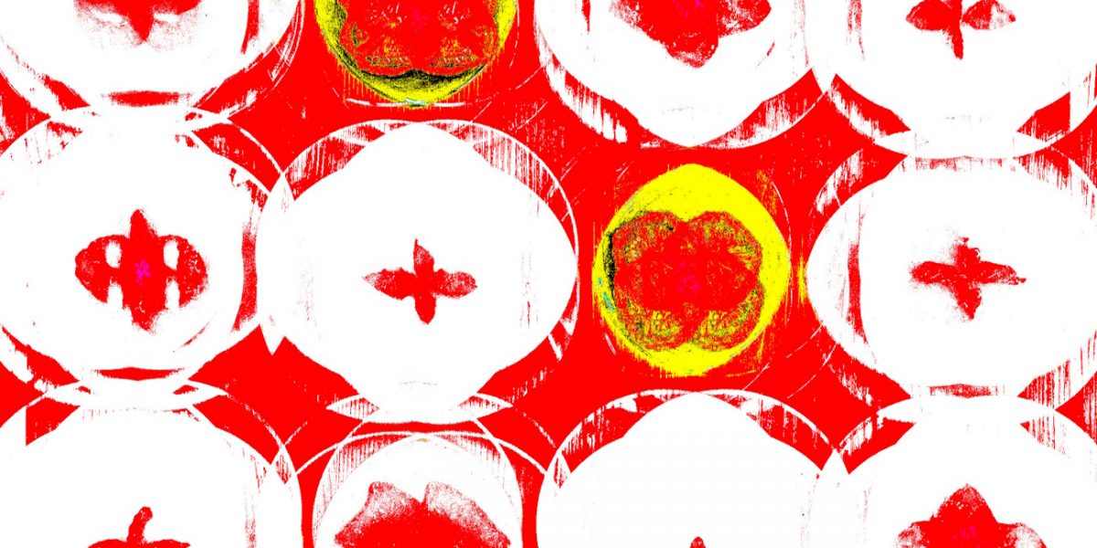 Manufakturen-Blog-PopArt-Projekt: Teller VIII (Fahnen), quer rot (Foto: Wigmar Bressel) - basierend auf einem Foto von Kathrin Ritzi-Schaufelberger von Tellern des eidgenössischen Ritziporzellan aus Kradolf