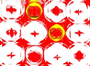 Manufakturen-Blog-PopArt-Projekt: Teller VIII (Fahnen), quer rot (Foto: Wigmar Bressel) - basierend auf einem Foto von Kathrin Ritzi-Schaufelberger von Tellern des eidgenössischen Ritziporzellan aus Kradolf