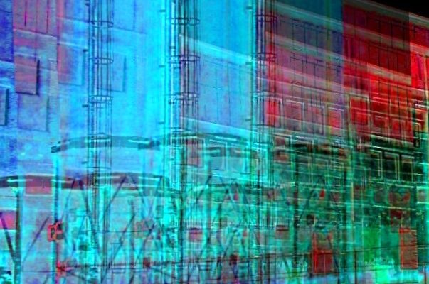 Manufakturen-Blog-PopArt-Projekt: Weimarer Porzellanmanufaktur bei Nacht I (Silos), blau (Foto: Wigmar Bressel) Weimar-Porzellan Blankenhain