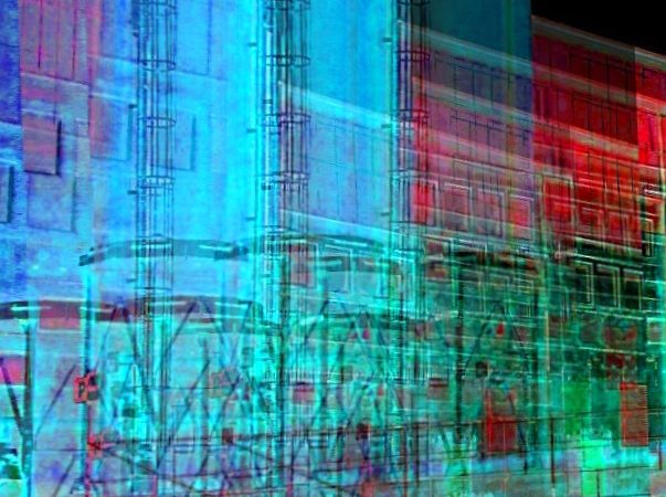 Manufakturen-Blog-PopArt-Projekt: Weimarer Porzellanmanufaktur bei Nacht I (Silos), blau (Foto: Wigmar Bressel) Weimar-Porzellan Blankenhain