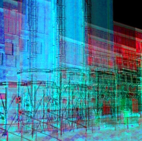 Manufakturen-Blog-PopArt-Projekt: Weimarer Porzellanmanufaktur bei Nacht I (Silos), blau (Foto: Wigmar Bressel) Weimar-Porzellan Blankenhain