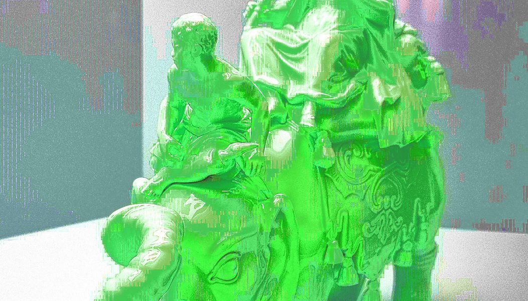 Manufakturen-Blog-PopArt-Projekt: Skulptur V, neongrün (Foto: Wigmar Bressel) - basierend auf einem Foto im Grassi-Museum für angewandte Kunst in Leipzig von der Plastik 'Herrscherin auf Elefant (Allegorie des Erdteils Asien)' aus der Porzellanmanufaktur Meissen von Kaendler aus dem Jahr 1745 (Nachfertigung aus dem Jahr 1983, im Eigentum der Bundesrepublik Deutschland)