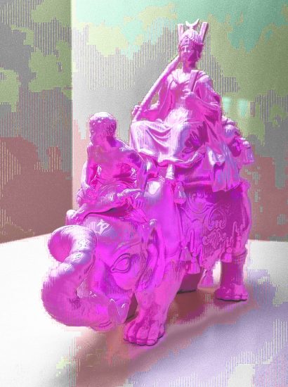Manufakturen-Blog-PopArt-Projekt: Skulptur V, pink (Foto: Wigmar Bressel) - basierend auf einem Foto im Grassi-Museum für angewandte Kunst in Leipzig von der Plastik 'Herrscherin auf Elefant (Allegorie des Erdteils Asien)' aus der Porzellanmanufaktur Meissen von Kaendler aus dem Jahr 1745 (Nachfertigung aus dem Jahr 1983, im Eigentum der Bundesrepublik Deutschland)