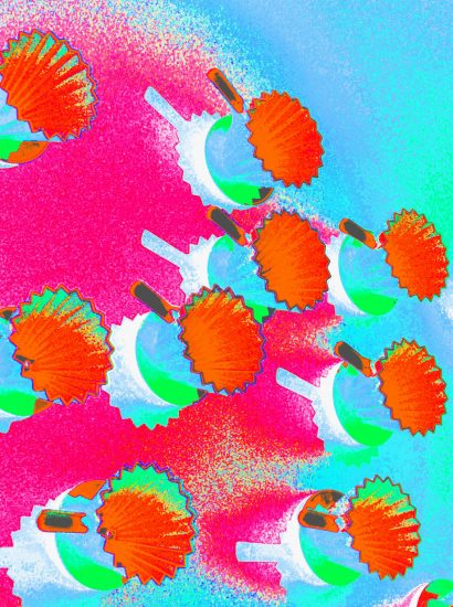 Manufakturen-Blog-PopArt-Projekt: Kaffeefilter, orange (Foto: Wigmar Bressel) - basierend auf einem Foto einer Installation aus Kaffeefiltern aus der Königlichen Porzellanmanufaktur (KPM) an einer Wand im Restaurant 'Dong - A' im KPM Hotel & Residences in der Englischen Straße 6 in Berlin