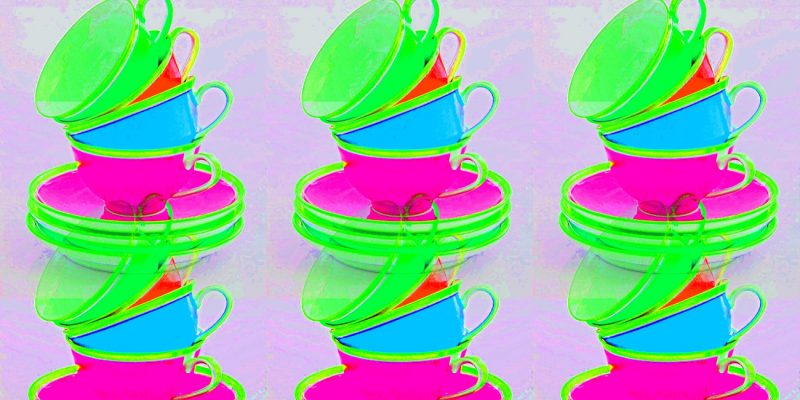 Manufakturen-Blog-PopArt-Projekt: Tassen II dreifach, neongrün / hellblau / pink (Foto: Wigmar Bressel) - basierend auf einem Foto der Porzellanmanufaktur Reichenbach