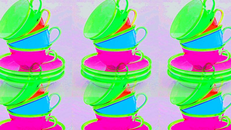 Manufakturen-Blog-PopArt-Projekt: Tassen II dreifach, neongrün / hellblau / pink (Foto: Wigmar Bressel) - basierend auf einem Foto der Porzellanmanufaktur Reichenbach