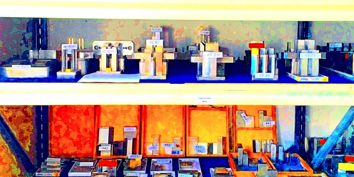 Manufakturen-Blog-PopArt-Projekt: Werkzeuge X, blau (Foto: Wigmar Bressel) - basierend auf einem Foto eines Regals mit Stahlwerkzeugen in der Produktion der gleichnamigen System-Baukasten-Manufaktur im thüringischen Rudolstadt