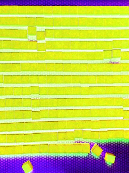 Manufakturen-Blog-PopArt-Projekt: Stein, gelb (Foto: Wigmar Bressel) - basierend auf einem Foto von Ankersteinen in der Produktion der gleichnamigen System-Baukasten-Manufaktur im thüringischen Rudolstadt, die zum Trocknen vor dem Ofen liegen