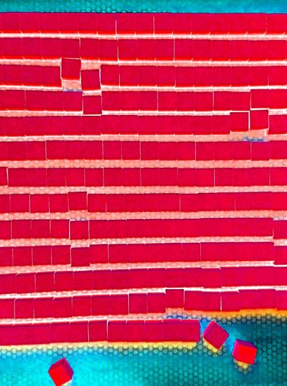 Manufakturen-Blog-PopArt-Projekt: Stein, rot (Foto: Wigmar Bressel) - basierend auf einem Foto von Ankersteinen in der Produktion der gleichnamigen System-Baukasten-Manufaktur im thüringischen Rudolstadt, die zum Trocknen vor dem Ofen liegen