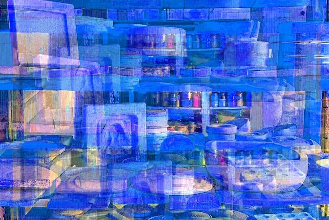 Manufakturen-Blog-PopArt-Projekt: Formenlager IV, blau (Ausschnitt) (Foto: Wigmar Bressel) - basierend auf einem Foto im Marstall der Dornburger Schlösser, dem heutigen Bauhaus-Werkstatt-Museum in Dornburg