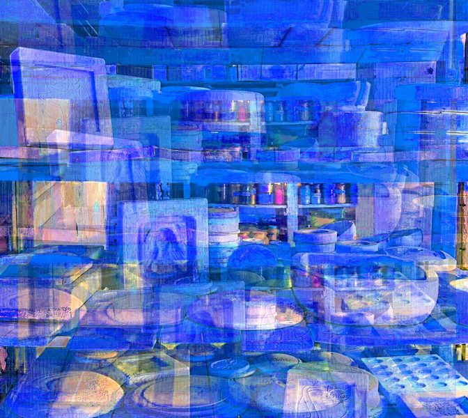 Manufakturen-Blog-PopArt-Projekt: Formenlager IV, blau (Ausschnitt) (Foto: Wigmar Bressel) - basierend auf einem Foto im Marstall der Dornburger Schlösser, dem heutigen Bauhaus-Werkstatt-Museum in Dornburg