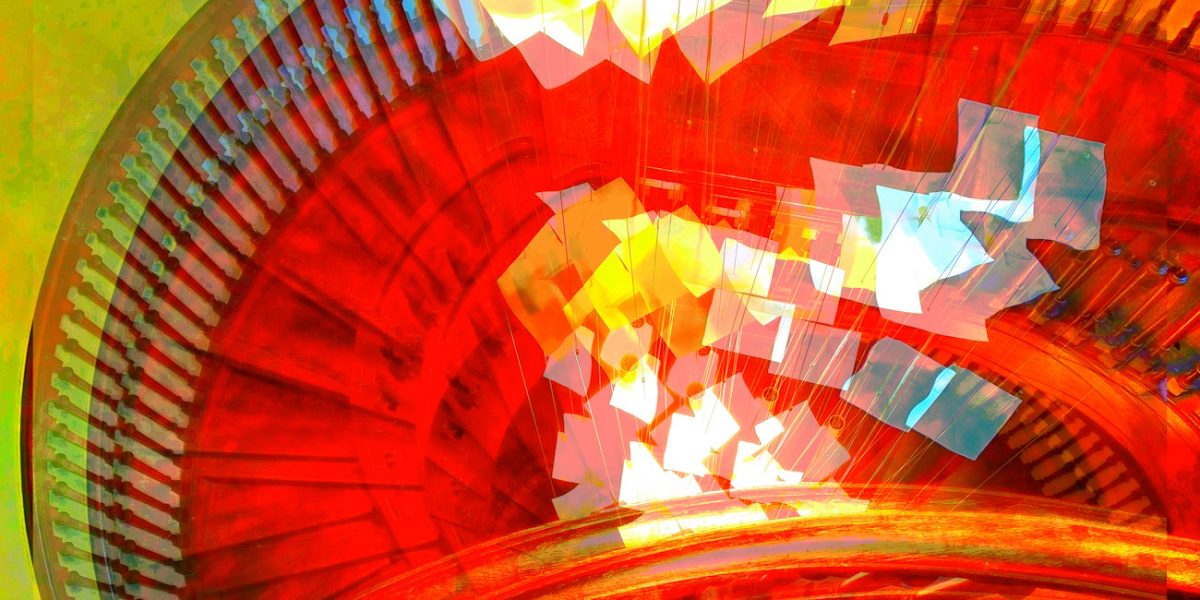 Manufakturen-Blog-PopArt-Projekt: Treppenhaus, rot II (Foto: Wigmar Bressel) - basierend auf einem Foto ins Treppenhaus des Direktorenhauses - Museum für Kunst, Handwerk und Design - in Berlin, Ausstellungsort des ManufakturenBlogPopArtProjekts im Jahr 2021