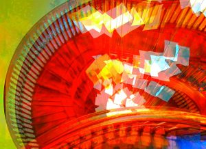 Manufakturen-Blog-PopArt-Projekt: Treppenhaus, rot II (Foto: Wigmar Bressel) - basierend auf einem Foto in Treppenhaus des Direktorenhauses - Museum für Kunst, Handwerk und Design - in Berlin, Ausstellungsort des ManufakturenBlogPopArtProjekts im Jahr 2021