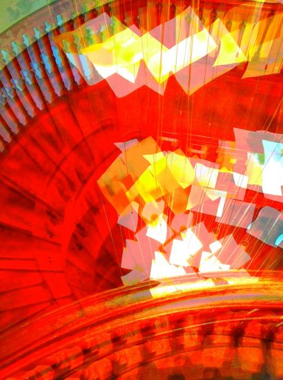 Manufakturen-Blog-PopArt-Projekt: Treppenhaus, rot II (Foto: Wigmar Bressel) - basierend auf einem Foto ins Treppenhaus des Direktorenhauses - Museum für Kunst, Handwerk und Design - in Berlin, Ausstellungsort des ManufakturenBlogPopArtProjekts im Jahr 2021