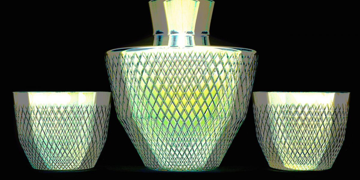 Manufakturen-Blog-PopArt-Projekt: Whisky Tumbler & Karaffe, grüngold (Foto: Wigmar Bressel) - basierend auf einem Foto der Glasmanufaktur Dorotheenhütte in Wolfach im Schwarzwald