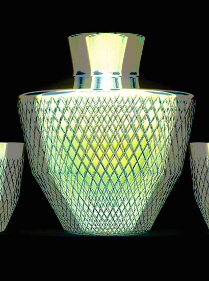 Manufakturen-Blog-PopArt-Projekt: Whisky Tumbler & Karaffe, grüngold (Foto: Wigmar Bressel) - basierend auf einem Foto der Glasmanufaktur Dorotheenhütte in Wolfach im Schwarzwald