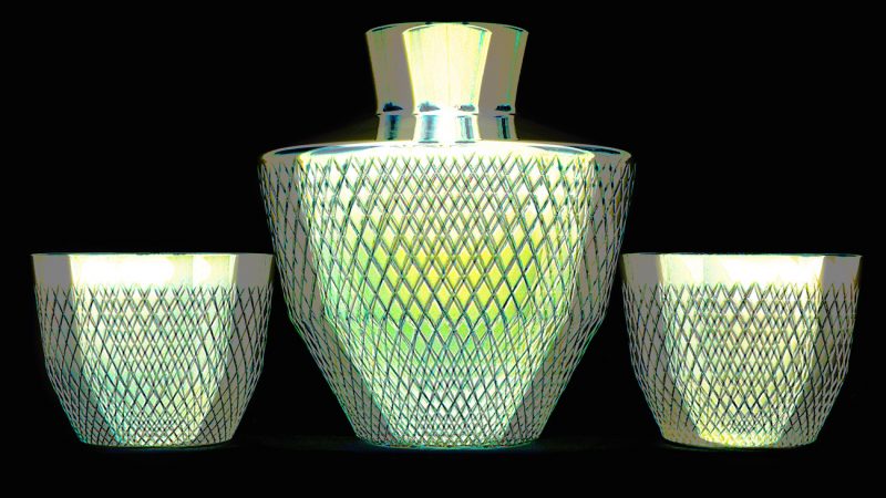 Manufakturen-Blog-PopArt-Projekt: Whisky Tumbler & Karaffe, grüngold (Foto: Wigmar Bressel) - basierend auf einem Foto der Glasmanufaktur Dorotheenhütte in Wolfach im Schwarzwald