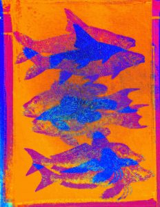 Manufakturen-Blog-PopArt-Projekt: Fische, à l'orange (Foto: Wigmar Bressel) - basierend auf einem Foto eines Geschirrtuchs aus der Hamburger Textildruckerei Frohstoff