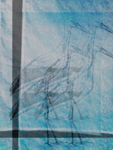 Manufakturen-Blog-PopArt-Projekt: Vier Störche, eisblau (Foto: Wigmar Bressel) - basierend auf einem Foto eines Geschirrtuchs aus der Siebdruckerei Frohstoff in Hamburg
